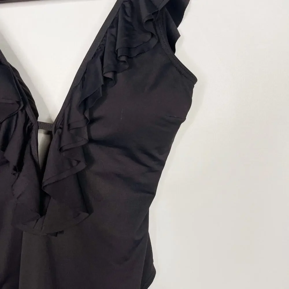 Michael Kors Womens 10 Black Ruffle Deep V Neck One Piece Swim Suit Tie Back